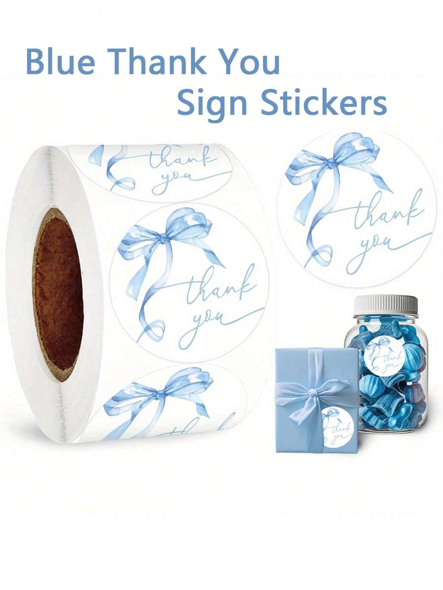 1 Roll/500 Blue Bow Thank You Stickers | 1-Inch Watercolor Stickers | Add Your Own Paper | For Showers, Weddings, Parties And Small Business Decor | Elegant Blue Ribbon Designs For Classrooms | Elegant Text Designs