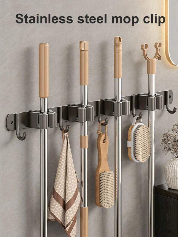 Support mural pour balai et serpillère, porte-balai, support en acier inoxydable pour serpillère, organisateur d'outils de jardin, étagère utilitaire réutilisable robuste pour cuisine, installation facile et design gain de place, pour la maison, la cuisine, le jardin, la buanderie et le garage