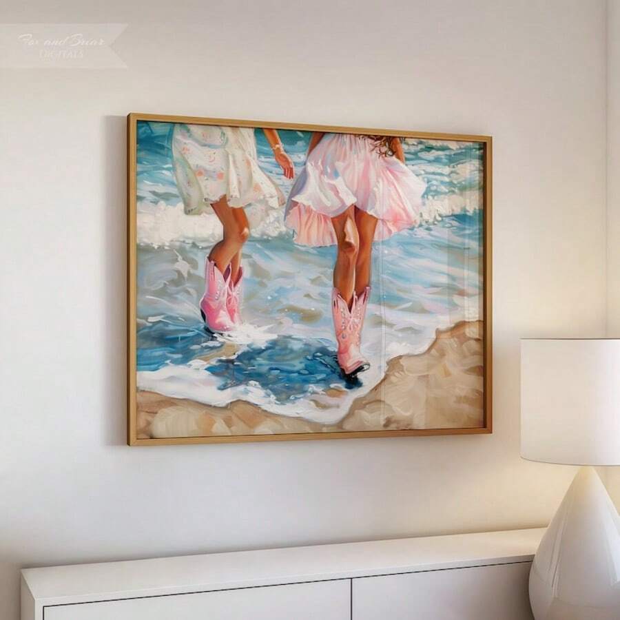 1pc Pink & Preppy Cowgirl Boots Wall Art Picture Girly Prints Canvas Paintings Ocean Coastal Posters Retro Western Decor For Bedroom, Living Room, Or Apartment Room Decor Gift For Her Unframed Or Framed