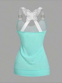 Women's Solid Color Contrast Draped Neck Cami Top, Fashionable For Summer - Mint Green - View 4