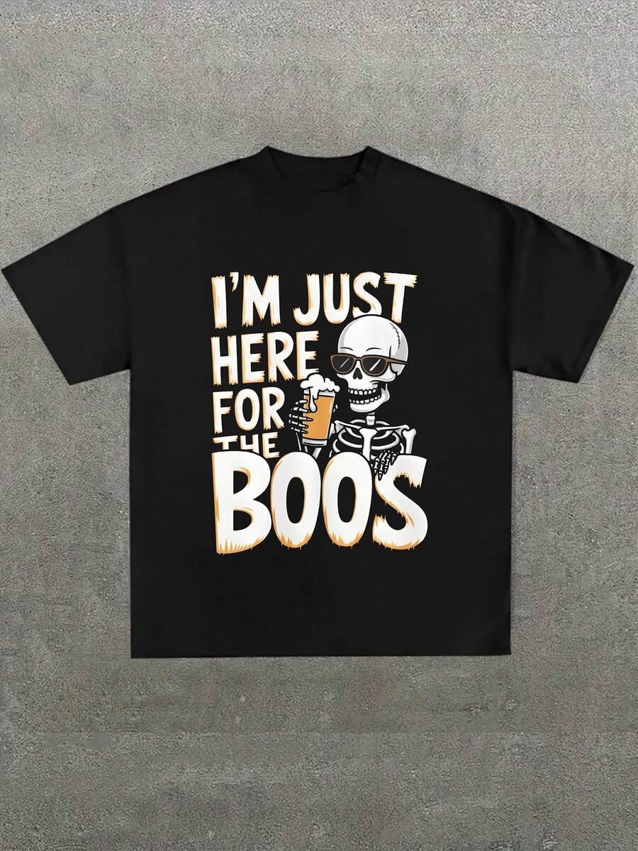 Para hombre,Camisa de T con Referencia a "Boos" y Esqueleto-Estilo Halloween y Humorístico,Camiseta casual de cuello redondo y manga corta con estampado,adecuada para uso diario en primavera y verano,unisex - Negro - Ver 1
