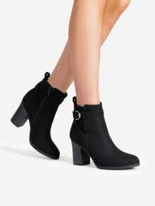 Women's Chunky High Heel Ankle Boots Round Toe Fall Short Booties Shoes - Black Suede - View 6