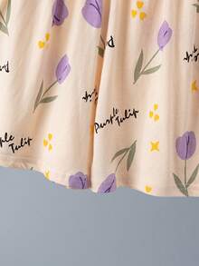 2pcs/Set Conjunto de Pijama para Niñas con Top de Manga Corta & Pantalones Cortos, Estampado de Tulipanes, Ligero - Multicolor - Ver 9