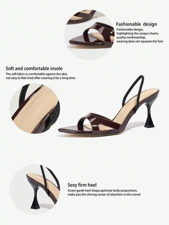 Dammode med höga klackar, spetsig tå, glänsande spegelyta, sexig och elegant, fotledsrem, lämplig för utekväll, fest, utomhus, kaffebrun färg, vår/sommar