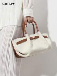 CHISIY Handmade Fashion White With Brown Minimalist Style Tote Bag, Suitable For Business, Casual, Shopping And School, Strap Decor, Metal Accessories, Shoulder Strap, Crossbody, Perfect For Daily, Party And Travel, Lightweight, Vintage Charm, Elegant Personalized, Versatile For Any Occasion, Showcasing Unique Fashion Taste