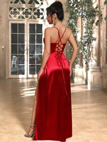 Đầm dạ hội bằng vải satin màu trơn, thanh lịch, dây mảnh, eo nhún, lưng hở buộc dây, xẻ cao đến đùi, thích hợp cho đám cưới, phù dâu, tiệc cocktail, tiệc trang trọng, dạ hội, dự tiệc cưới mùa xuân. - Đỏ - Xem 2