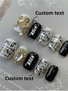10 piezas de uñas postizas cortas, con texto personalizado y nombre personalizado, arte de uñas de verano, hermosas uñas falsas, hazlo tú mismo, patrón de tartán con lazo dorado, uñas doradas, negras, suministros de uñas reutilizables para niñas, señoras en bodas, fiestas, vacaciones, regalo de un juego de kit de uñas