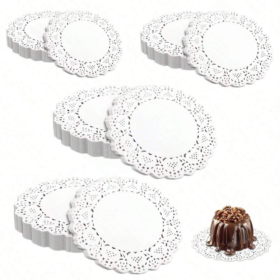 100/200/300 piezas Manteles individuales de papel, manteles individuales redondos, manteles individuales de encaje blanco de varios tamaños, manteles individuales para decoración de utensilios de pastel (tamaño pequeño)