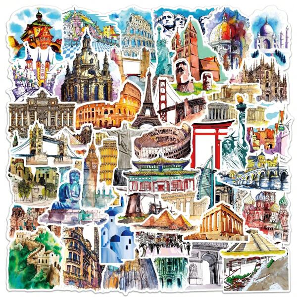 50 Adesivos de Doodle de Marcos Turísticos Mundiais, Manual, Mala, Capa de Telefone, Diário, Guitarra, Adesivos À Prova D'Água