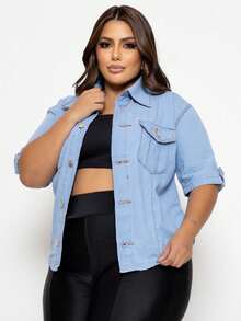 Plus Size Short Sleeve Denim Shirt With Pockets And Buttons - 淺藍色 - 查看 1