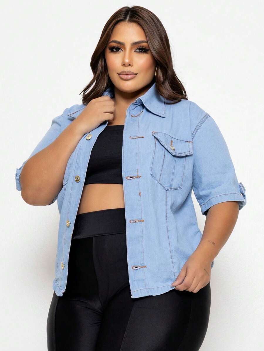 Plus Size Short Sleeve Denim Shirt With Pockets And Buttons - 淺藍色 - 查看 1