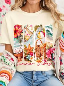 DEAR MOLLY 夏季海滩风情印花圆领短袖T恤，适合派对、聚会及各种场合，四季皆宜，是送给妈妈的理想礼物。 - 杏色 - 查看 2