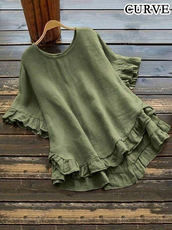 Plus Women's Summer Solid Color Casual Blouse Short Sleeve Tops