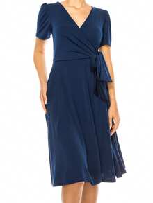 Chic Solid Faux Wrap Dress With Deep V-Neck For Elegant & Casual Wear  Plain  Elegant  Casual  Knitted Fabric  Wrap  Knot  Bow - 藏蓝色 - 查看 4