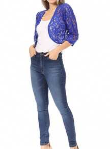 Casual Lace Bolero Crochet Cardigan With 3/4 Sleeves    Casual  Fabric  Sheer  Split      Daily - 寶藍色 - 查看 4