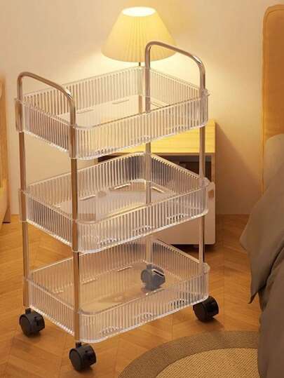 1 pezzo Carrello cosmetico trasparente e mobile per uso domestico, scaffale multifunzionale di grande capacità per decorazione e esposizione in bagno, accessori da bagno. Carrello portaoggetti.