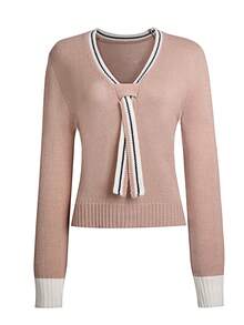 Women V-Neck Contrast Color Long Sleeve Knitted Sweater Top, Versatile For Work Wear, Crochet Knit Top, Office Wear For Women - Khaki - View 1