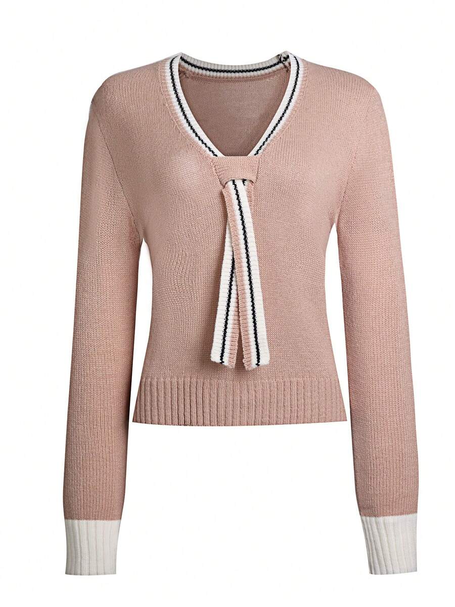 Women V-Neck Contrast Color Long Sleeve Knitted Sweater Top, Versatile For Work Wear, Crochet Knit Top, Office Wear For Women - Khaki - View 1