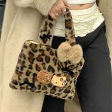 Sanrio Hello Kitty Plush Leopard Print Handbag, Y2K Baddie Cute Leopard Wallet, Minimalist Tote Bag For Outdoor, Retro Plush Commuter Bag, Bohemian Style, Easter, Mother's Day, Birthday Gift, Party Favor, Graduation Memento