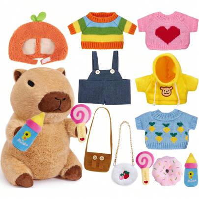 10 piezas de juguetes de peluche de capibara con ropa y accesorios, animales de peluche de capibara para niños, juego de disfraces para niños y niñas de 3 a 8 años, regalos de cumpleaños