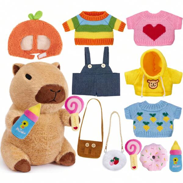 10Pcs Capybara Plush Stuff Toys With Clothes Accessories Kids Capybara Stuffed Animal Toddler Pretend Play Dress Up Birthday Gifts 3 4 5 6 7 8 Year Old Boys Girls