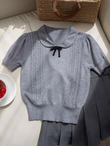 可爱温顺蝴蝶结领薄针织短袖上衣，女款优雅甜美学院风T恤，修身夏季纹理套头衫 - 灰色 - 查看 10