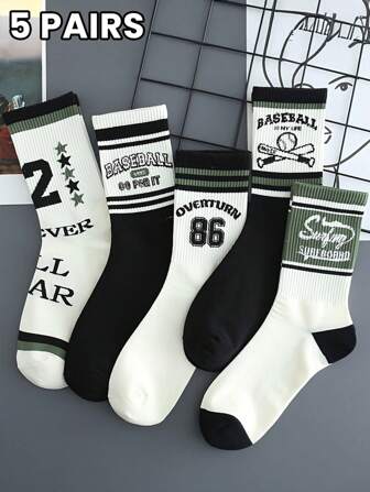 5 Pairs Of Men's And Women's Identical Baseball Letter Pattern Crew Socks Street Sports Style Mid-Tube Socks For Everyday Wear, Fall