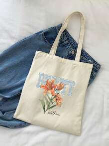 New Fashion Orange Floral Letter Print Multipurpose Tote Bag, Large Capacity Convenient For School, Campus, Library, Shopping, Travel, Outdoor, Casual