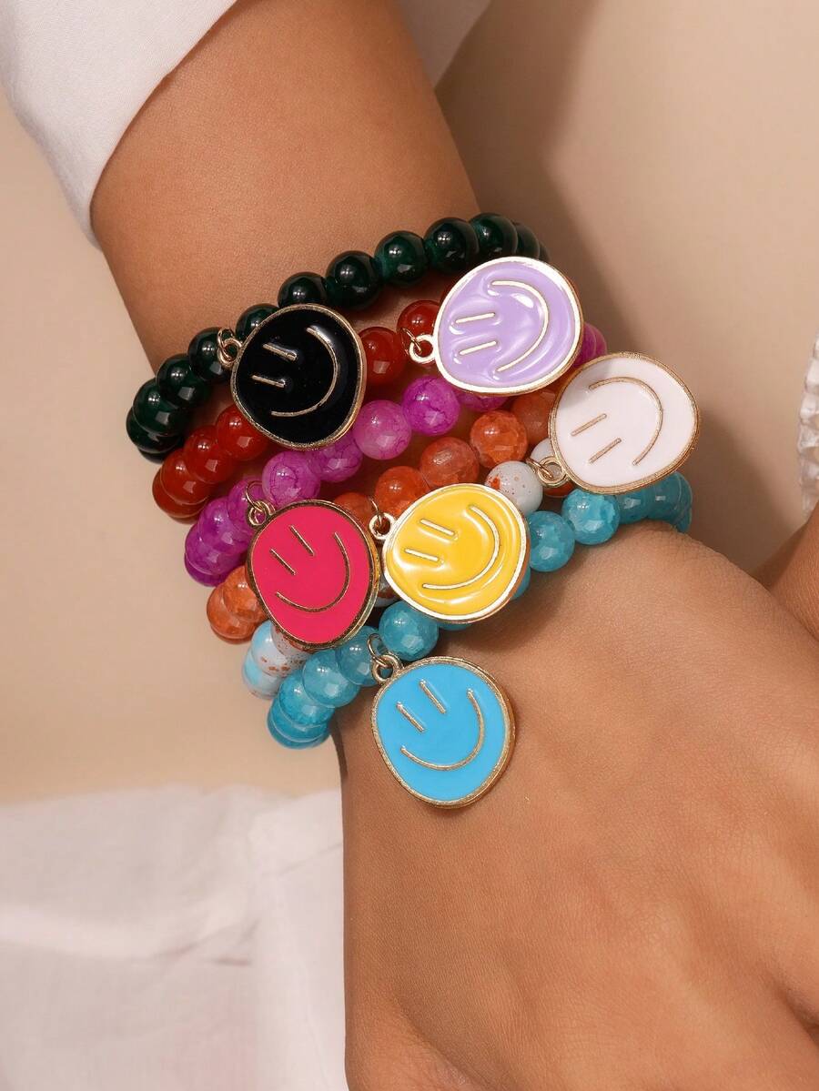 6 件套可爱串珠笑脸手链套装，适合女士日常佩戴 - 彩色 - 查看 1
