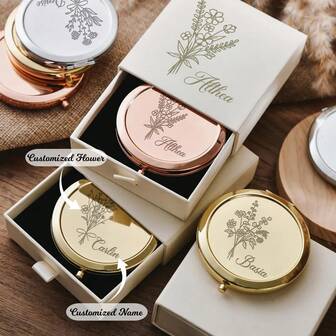 Espejo de flor de cumpleaños personalizado, regalo con nombre personalizado, regalo para dama de honor, regalo para despedida de soltera, regalo de boda, espejo de bolsillo tallado para madre, accesorios de belleza navideños