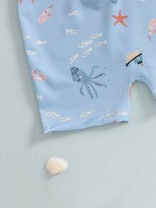 3M-3T Toddler Boys Rash Guard Swimsuit Playsuits Dinosaur/Fish Print Zipper Short Sleeve Sun Protection Bathing Suit With Swim Cap - 藍色 - 查看 8