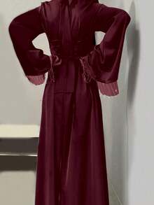 Women's Stand Collar Bell Sleeve Belted Long Abaya Dress