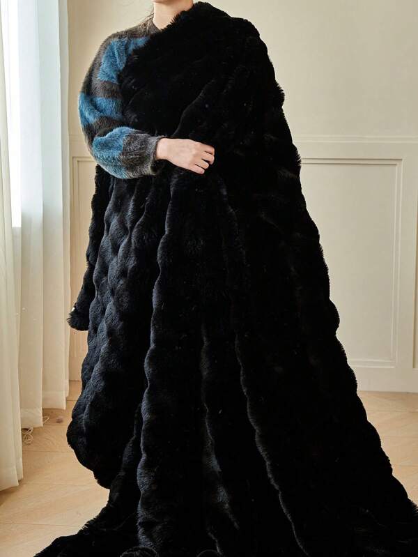 1pc Black Double-Sided Cozy Faux Rabbit Fur Plush Blanket Plush Blanket, Soft Warm Faux Fur Luxury Style Throw For Multi-Purpose Use In Living Room, Bedroom And Sofa Queen Twin King Size Luxury Fluffy Long Plush Blanket Bedding Throw Soft And Comfortable Couches Blankets For Home,