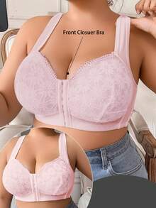 Plus Size Women Stylish Front Closure Lace Wireless Bra - Pink - View 5