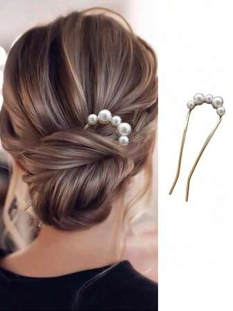 1pc Women Gold Faux Pearl U-Shaped Metal Hair Clamp, Fashionable & Minimalist Bun Maker, Elegant Hair Accessory Tool For Daily Use Bun Hair Piece Hair Styling Pins, Wedding Items, Hair Accerssories