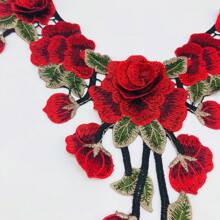 [16.9" Embroidered Applique Patch] 1pc Elegant Red 3D Floral Lace Trim, 16.9" X 13.8" Embroidered Applique Patch For DIY Sewing And Crafting - Polyester Organza Fabric, Perfect For Clothing Decoration & Accessories