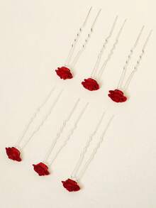 6件装女士植绒玫瑰花发叉复古简约花卉发夹