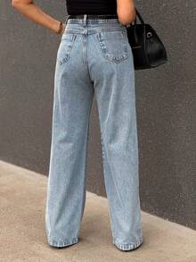 Saina 1301 With Black Belt Women's Wide Leg Jeans Pants Without Rips 1301 With Belt - 中等水洗藍 - 查看 3