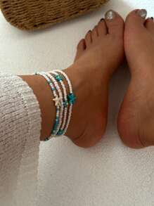 Handmade Blue Flower And Starfish Beaded Anklet For Women, Beach Resort Style Flower Ankle Chain