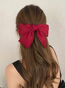 A Solid Color Satin Oversized Bow Hair Clip, Sweet And Elegant Wind Curly Hair Top Clip, Back Head Hair Clip Headpiece, Spring Clip Headpiece, High Ponytail Butterfly Hair Clip,Valentine's Day Couple As Gift Hair Accessories, School Stuff