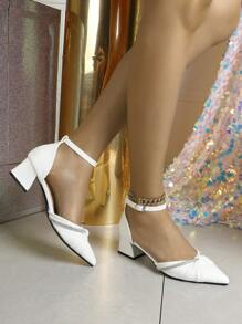 Summer New Fashionable Women's White High Heel Shoes, Thick Heel Elegant Pointed Toe Mules, Mid Heel Closed Toe Sandals For Summer