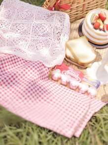 1 pieza Encantadora manta rectangular de pícnic a cuadros rosa y blanco - Mantel tejido a máquina de rayón con bordes con flecos, adecuado para acampar, playa, fotografía al aire libre, accesorio de pícnic