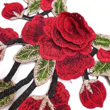 [16.9" Embroidered Applique Patch] 1pc Elegant Red 3D Floral Lace Trim, 16.9" X 13.8" Embroidered Applique Patch For DIY Sewing And Crafting - Polyester Organza Fabric, Perfect For Clothing Decoration & Accessories