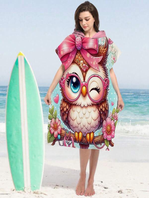 1pc Owl Printed Hooded Poncho Towel, Wearable And Absorbent Beach Blanket - Super Soft Polyester Fabric, Quick Drying, Sand-Free, Ideal For Traveling, Swimming, Park, Sun Protection, Outdoor, Beach, Pool, Perfect Holiday Essential, Provides Utmost Comfort