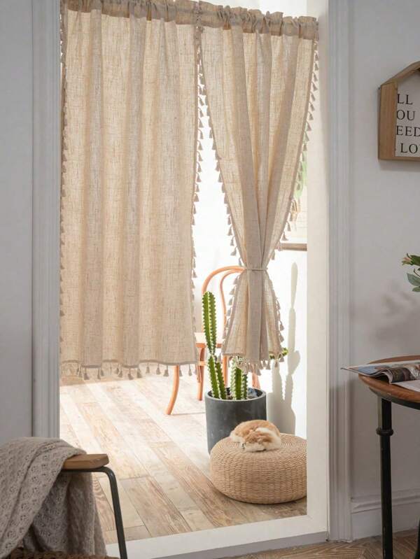 2pcs Linen Tassel Plain Retro Style Hanging Door Curtain, Rod Pocket Design, Suitable For Living Room And Bedroom - Sheer And Semi-Sheer Curtain
