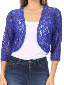 Casual Lace Bolero Crochet Cardigan With 3/4 Sleeves    Casual  Fabric  Sheer  Split      Daily - 寶藍色 - 查看 1