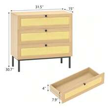 Rattan Dresser, Boho Dresser With 3 Drawers, Modern Dresser With Iron, Accent End Table - 1 - 查看 7