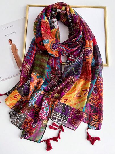 Soft And Breathable Scarf For Women, Lightweight Warm Colorful Print Shawl With Tassels, Perfect For Outdoor And Daily Use  Winter Fall