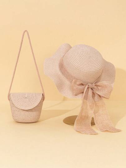 2 件套：卡其色波浪形太阳帽和编织单肩包 - 时尚荷叶边设计，轻盈透气，适合春夏海滩度假和户外活动，海滩配饰