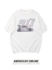 Unisex Casual Loose Number & Letter Print Drop Shoulder Round Neck Short Sleeve T-Shirt, Korean Style, Spring/Summer